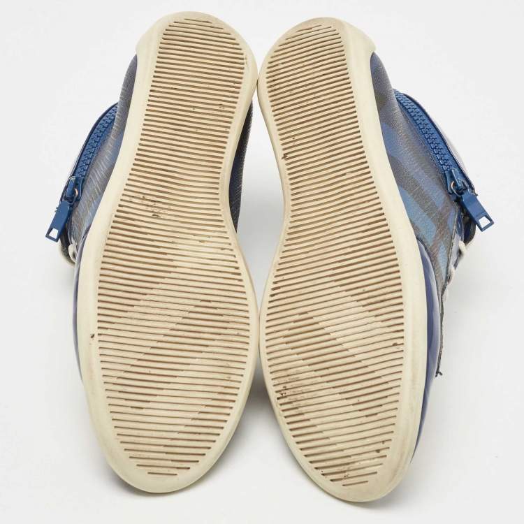Pre Owned Burberry Blue Patent Leather and Ombre Nova Check Canvas Zipper High Top Sneakers Size 39