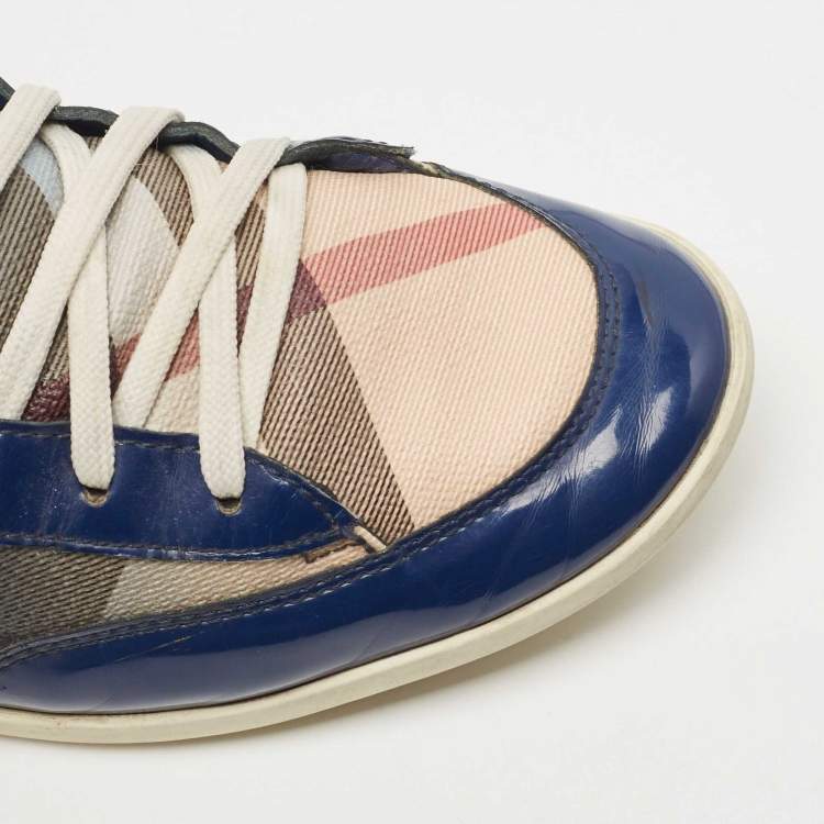 Pre Owned Burberry Blue Patent Leather and Ombre Nova Check Canvas Zipper High Top Sneakers Size 39