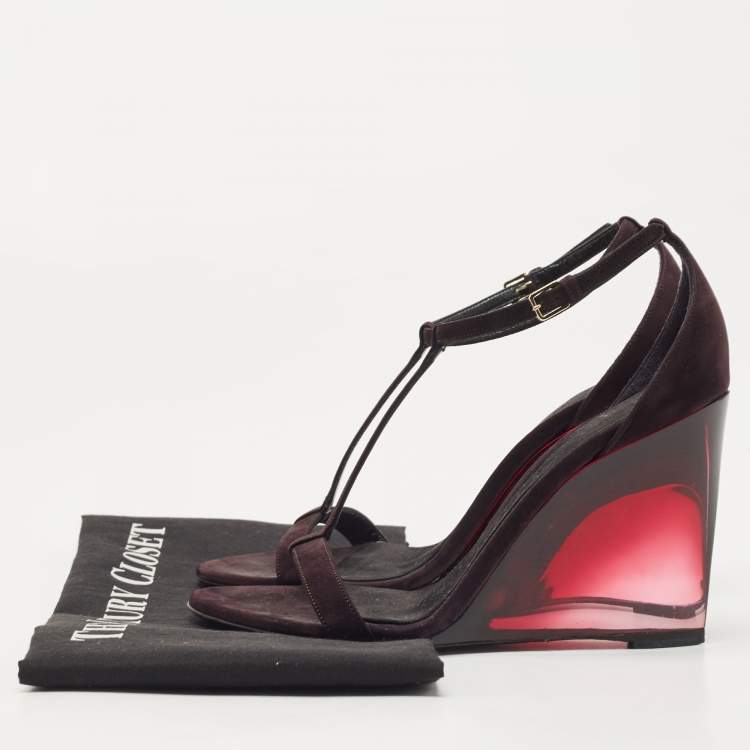 Pre Owned Burberry Plum Suede T Strap Wedge Sandals Size  37
