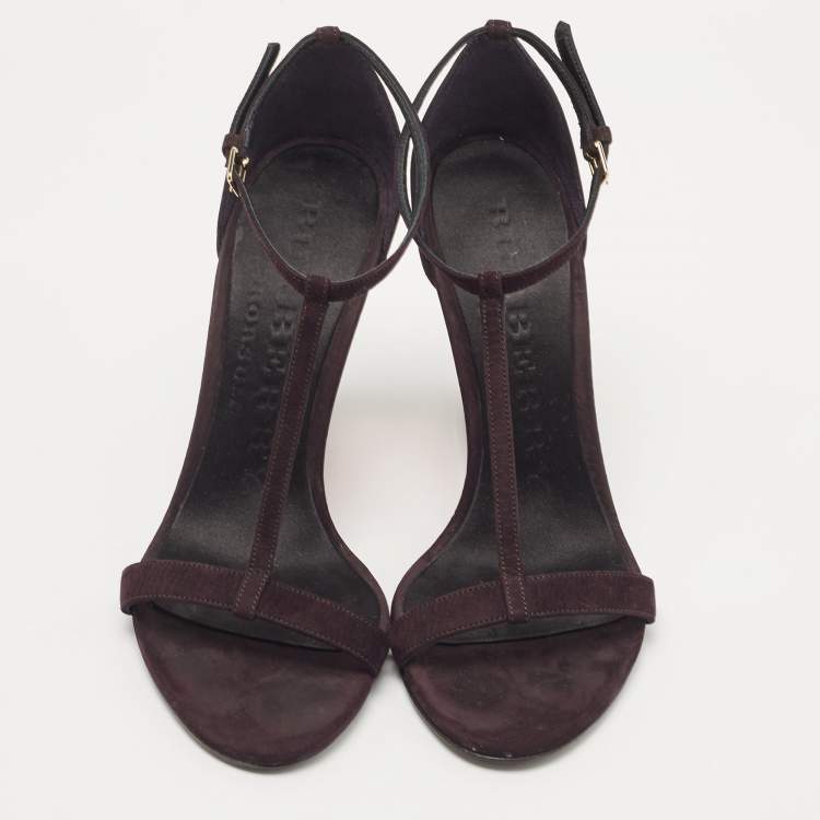 Pre Owned Burberry Plum Suede T Strap Wedge Sandals Size  37