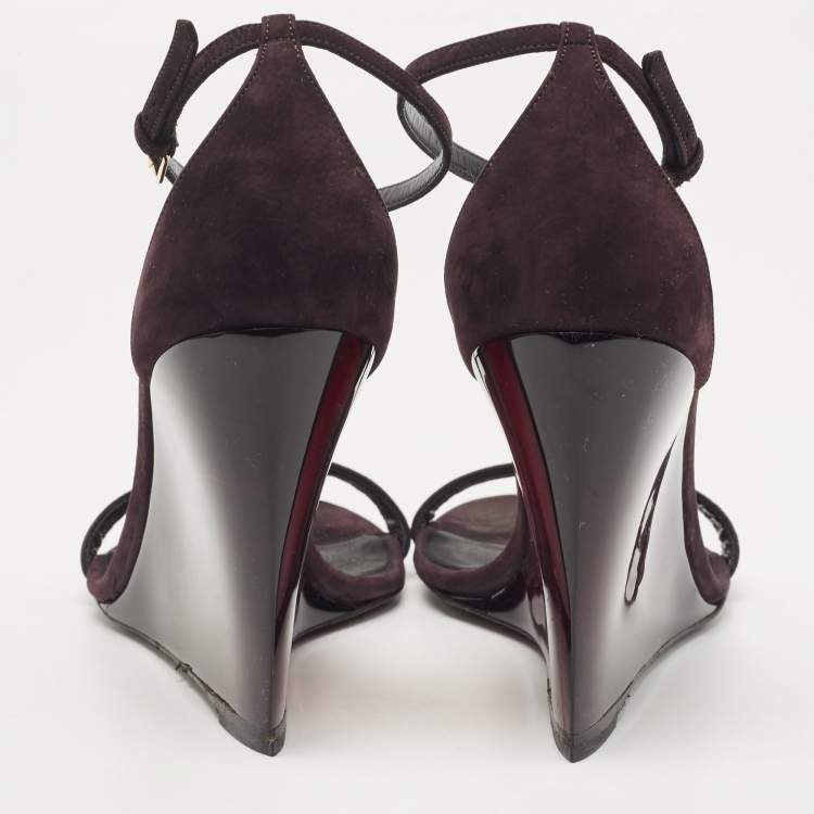 Pre Owned Burberry Plum Suede T Strap Wedge Sandals Size  37