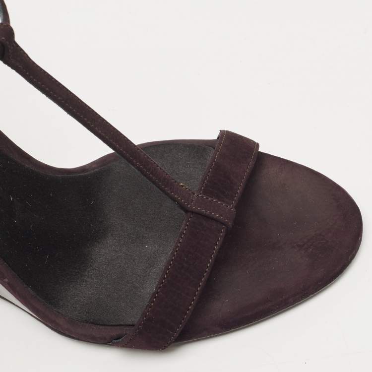 Pre Owned Burberry Plum Suede T Strap Wedge Sandals Size  37
