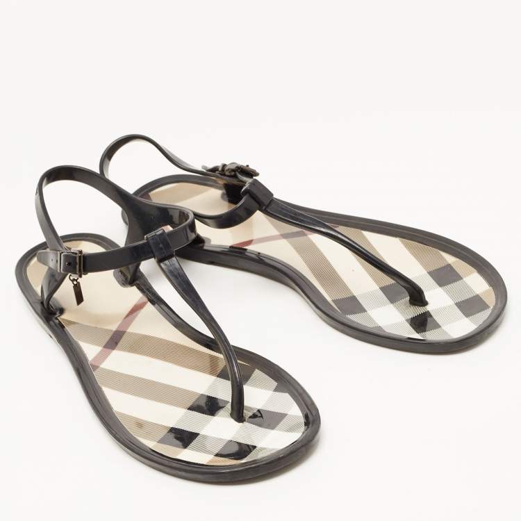 Pre Owned Burberry Black Nova Check PVC Thong Ankle Strap Flats Size 41
