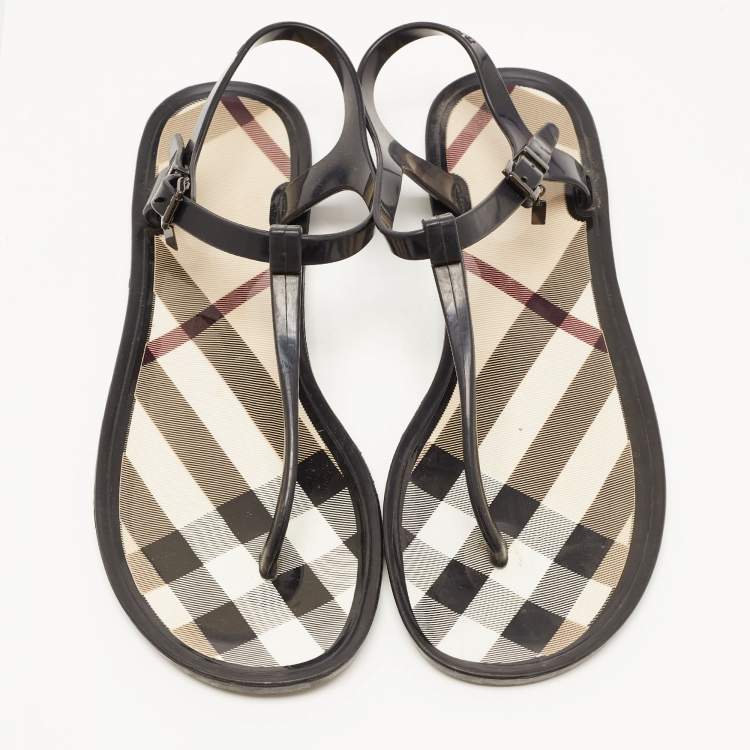 Pre Owned Burberry Black Nova Check PVC Thong Ankle Strap Flats Size 41