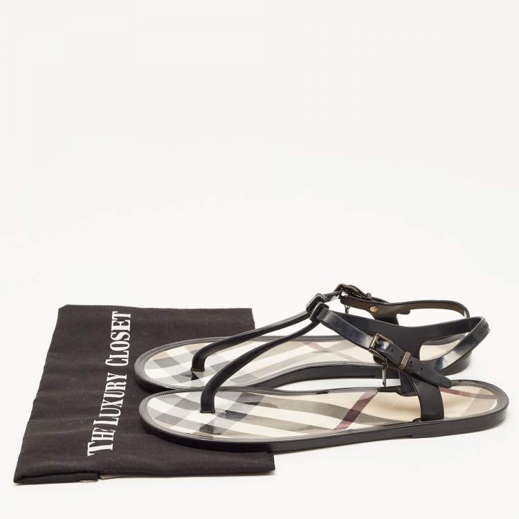 Pre Owned Burberry Black Nova Check PVC Thong Ankle Strap Flats Size 41