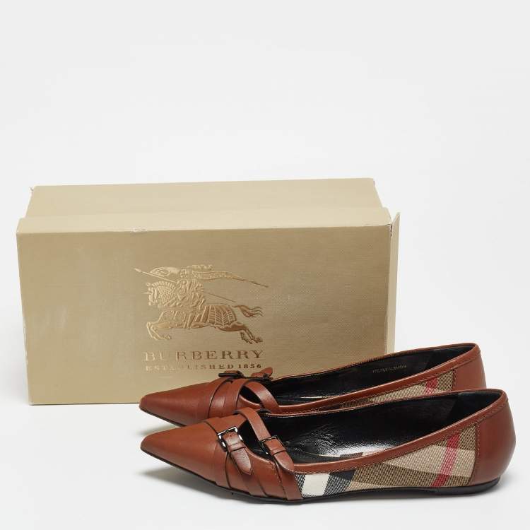 Pre Owned Burberry Brown/Beige House Check Canvas and Leather Buckle Ballet Flats Size 38