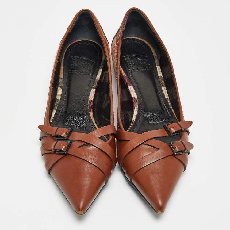 Pre Owned Burberry Brown/Beige House Check Canvas and Leather Buckle Ballet Flats Size 38