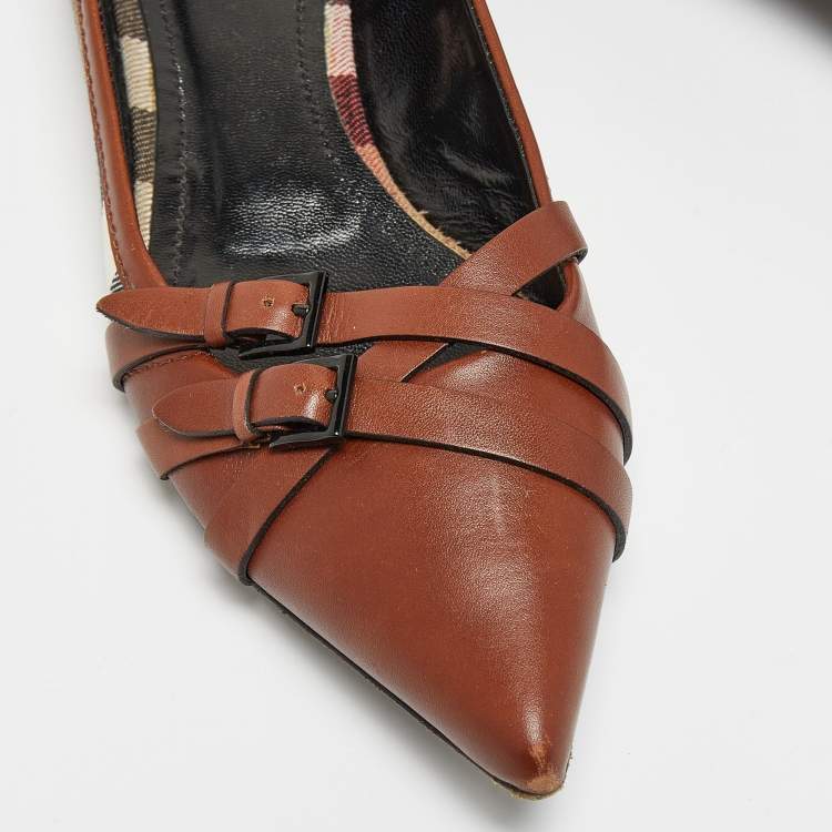 Pre Owned Burberry Brown/Beige House Check Canvas and Leather Buckle Ballet Flats Size 38