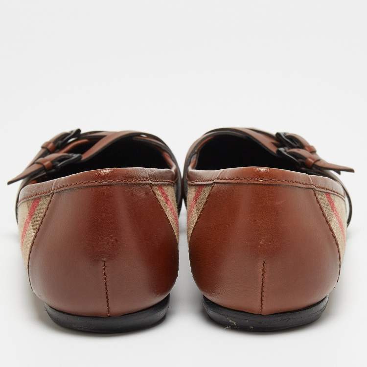 Pre Owned Burberry Brown/Beige House Check Canvas and Leather Buckle Ballet Flats Size 38