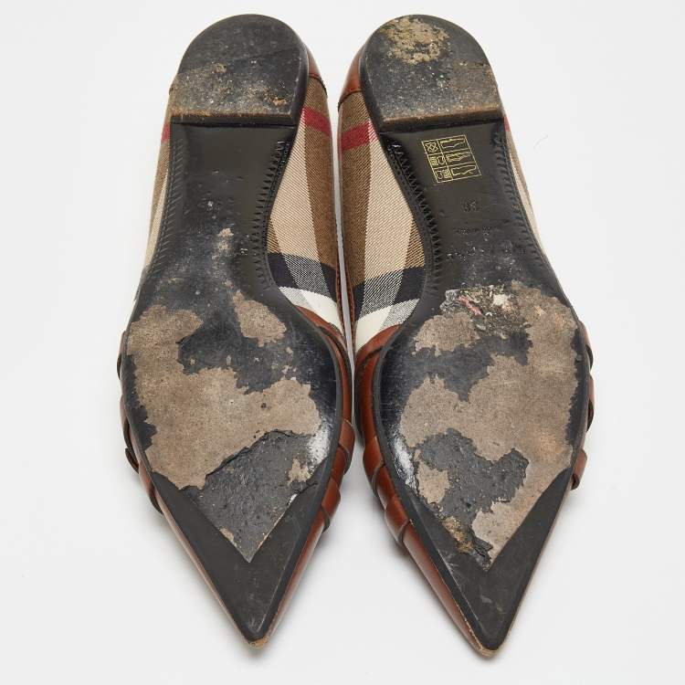Pre Owned Burberry Brown/Beige House Check Canvas and Leather Buckle Ballet Flats Size 38