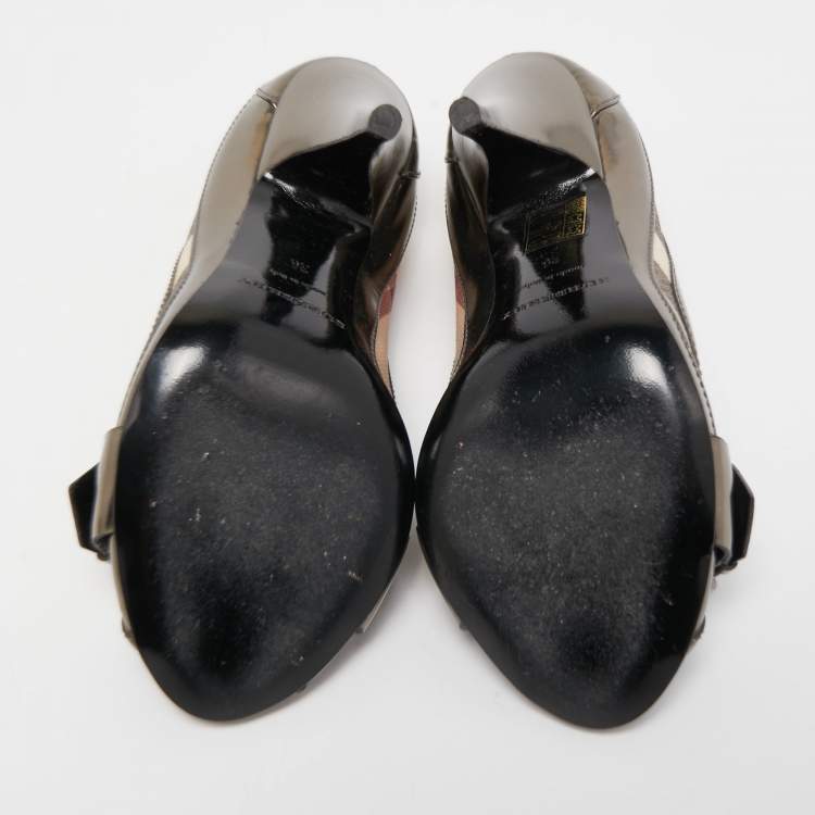 Pre Owned Burberry Metallic Grey  Leather and House Check Canvas Buckle Peep Toe Pumps Size 36
