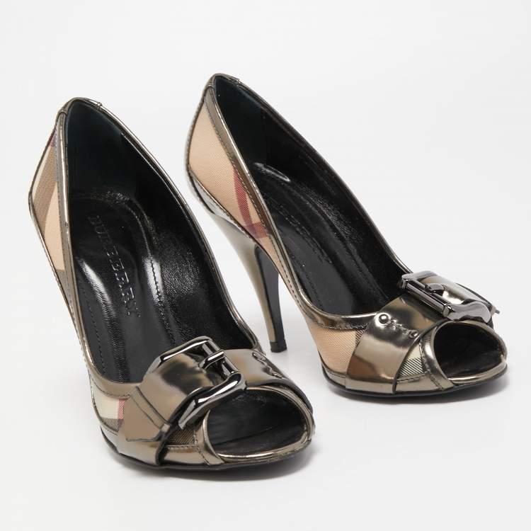 Pre Owned Burberry Metallic Grey  Leather and House Check Canvas Buckle Peep Toe Pumps Size 36