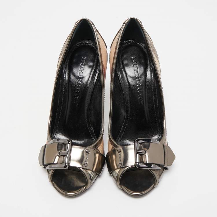 Pre Owned Burberry Metallic Grey  Leather and House Check Canvas Buckle Peep Toe Pumps Size 36