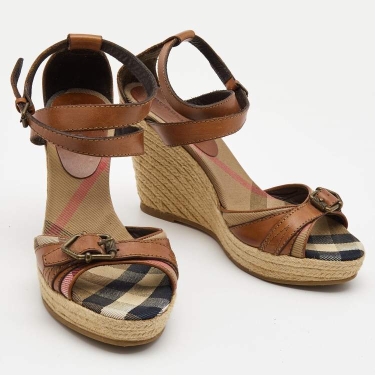 Pre Owned Burberry Brown Leather and Nova Check Canvas Buckle Detail Espadrille Wedge Sandals Size 40