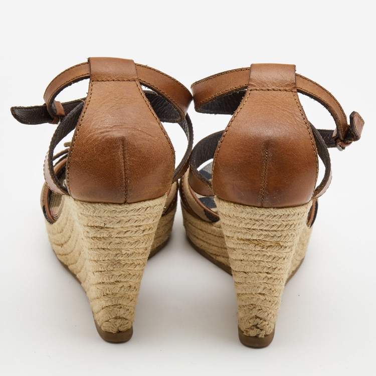 Pre Owned Burberry Brown Leather and Nova Check Canvas Buckle Detail Espadrille Wedge Sandals Size 40