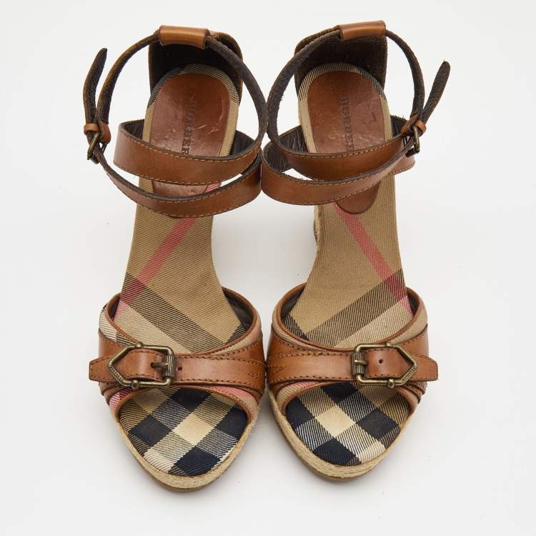 Pre Owned Burberry Brown Leather and Nova Check Canvas Buckle Detail Espadrille Wedge Sandals Size 40