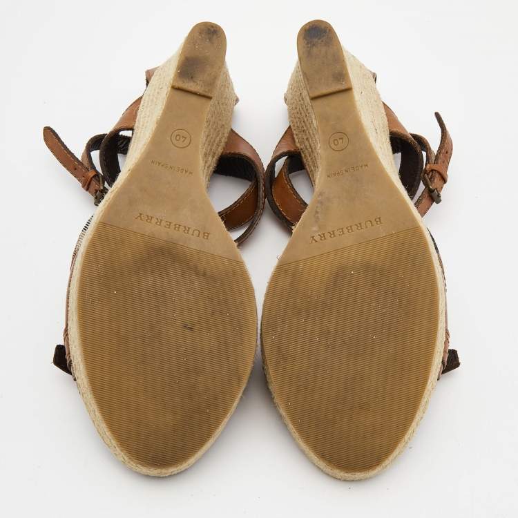 Pre Owned Burberry Brown Leather and Nova Check Canvas Buckle Detail Espadrille Wedge Sandals Size 40
