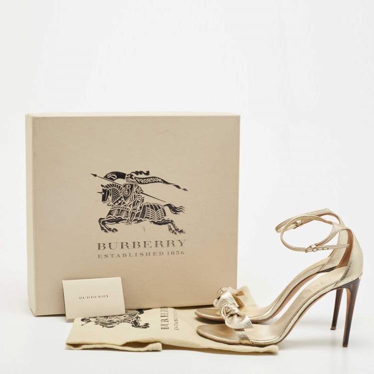 Pre Owned Burberry  Metallic Gold Leather Bow Ankle Strap Sandals Size 38.5