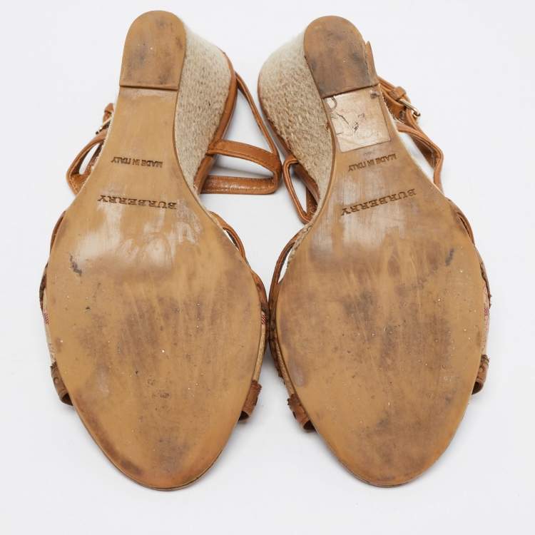 Pre Owned Burberry Brown Leather and Nova Check Canvas Espadrille Wedge Ankle Strap Sandals Size 37