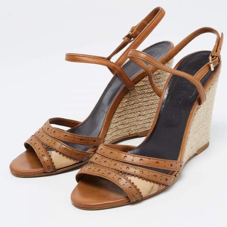 Pre Owned Burberry Brown Leather and Nova Check Canvas Espadrille Wedge Ankle Strap Sandals Size 37