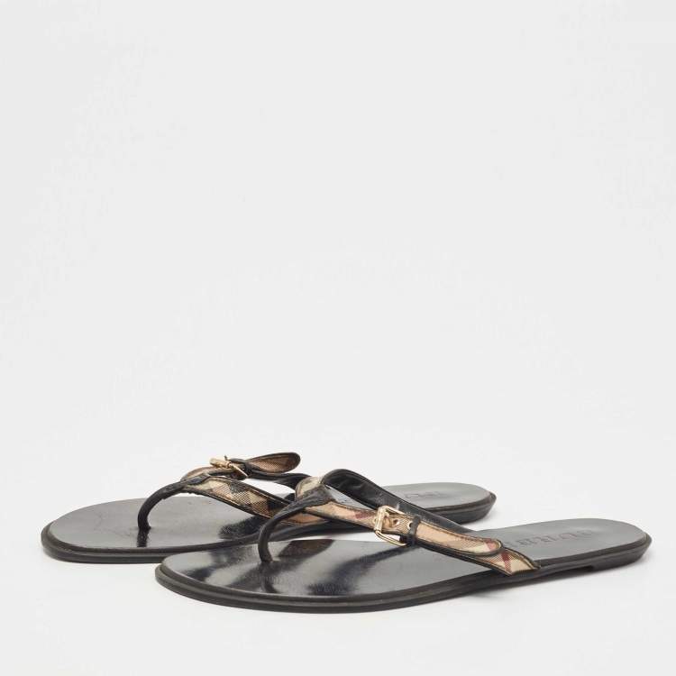 Pre Owned Burberry Beige/Black Nova Check Canvas and Leather Buckle Thong Flats Size 39