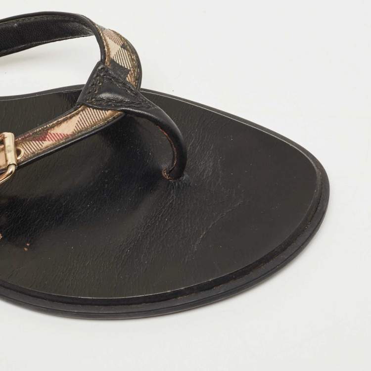 Pre Owned Burberry Beige/Black Nova Check Canvas and Leather Buckle Thong Flats Size 39