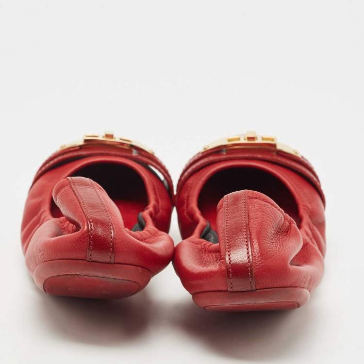 Pre Owned Burberry Red/Beige Nova Check Leather and Canvas Scrunch Ballet Flats Size 40