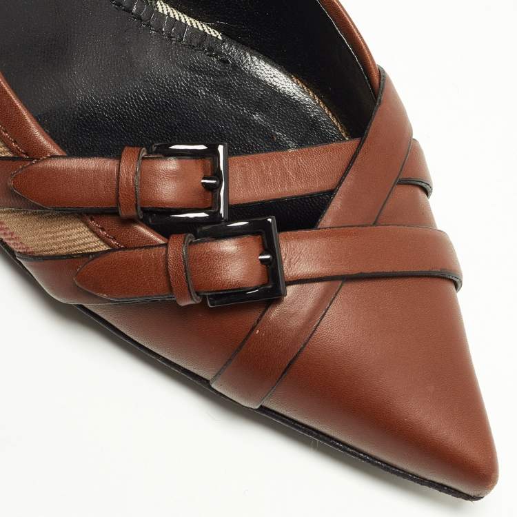 Pre Owned Burberry Brown/Beige House Check Canvas and Leather Pointed Toe Buckle Pumps Size 38