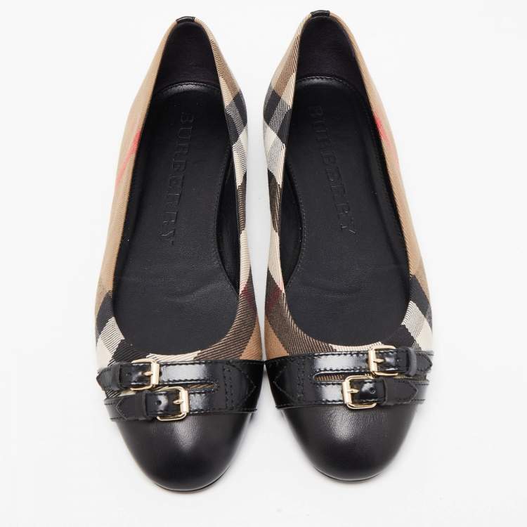 Pre Owned Burberry Brown/Black Nova Check Canvas and Leather Buckle Detail Ballet Flats Size 39.5