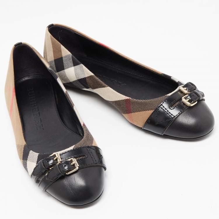 Pre Owned Burberry Brown/Black Nova Check Canvas and Leather Buckle Detail Ballet Flats Size 39.5