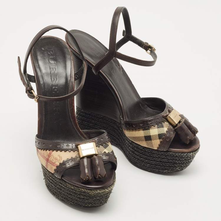 Pre Owned Burberry Brown/Beige Canvas and Leather Espradrills Wedges Sandals Size 37