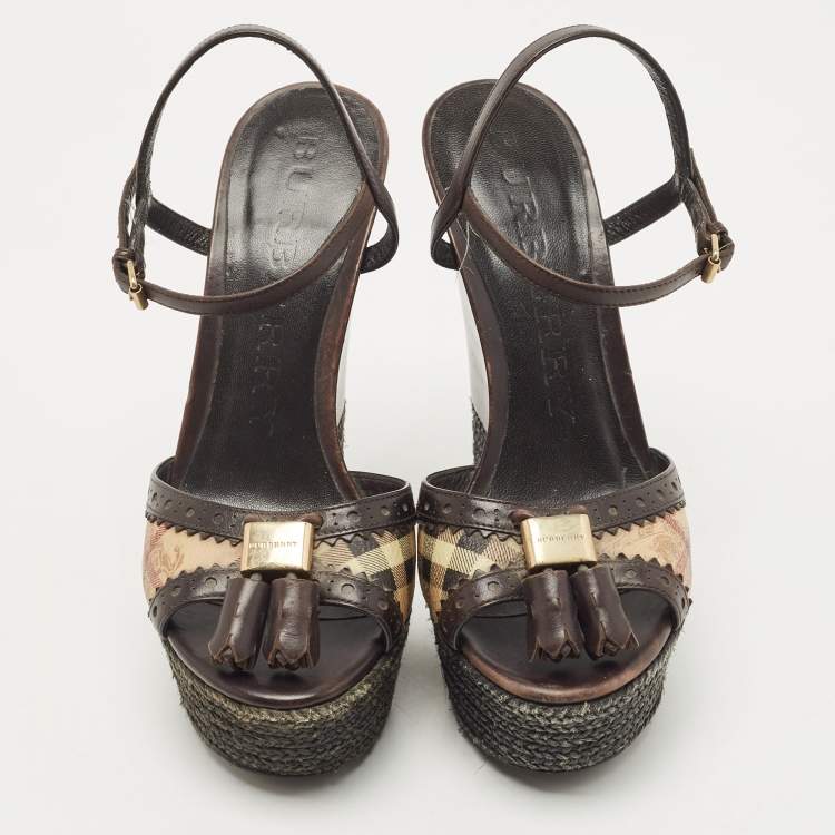 Pre Owned Burberry Brown/Beige Canvas and Leather Espradrills Wedges Sandals Size 37