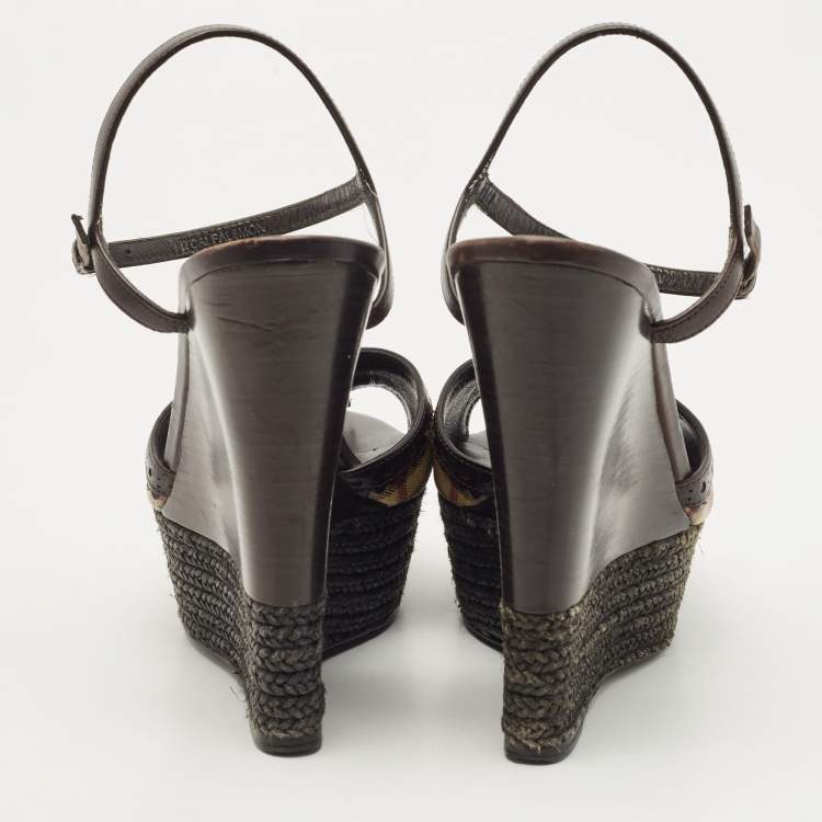 Pre Owned Burberry Brown/Beige Canvas and Leather Espradrills Wedges Sandals Size 37