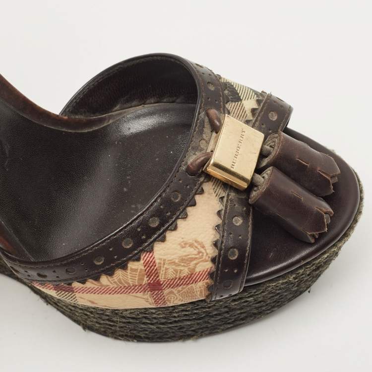 Pre Owned Burberry Brown/Beige Canvas and Leather Espradrills Wedges Sandals Size 37