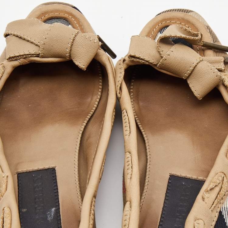 Pre Owned Burberry Tricolor Nova Check Canvas and Leather Bow Ballet Flats Size 37
