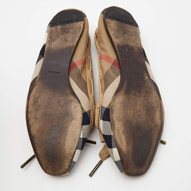 Pre Owned Burberry Tricolor Nova Check Canvas and Leather Bow Ballet Flats Size 37