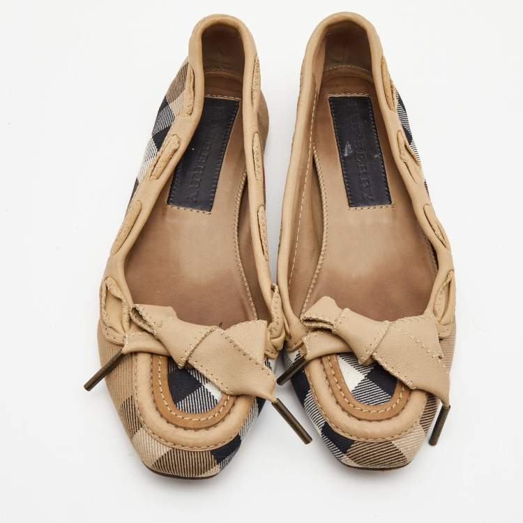 Pre Owned Burberry Tricolor Nova Check Canvas and Leather Bow Ballet Flats Size 37