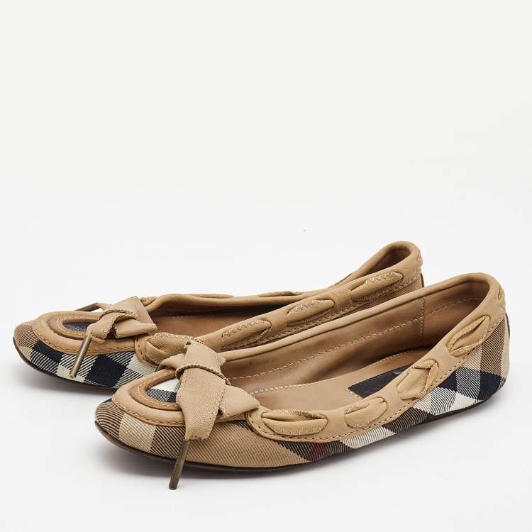 Pre Owned Burberry Tricolor Nova Check Canvas and Leather Bow Ballet Flats Size 37