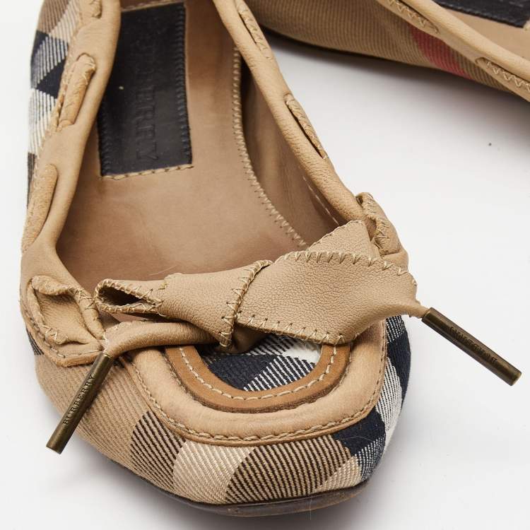 Pre Owned Burberry Tricolor Nova Check Canvas and Leather Bow Ballet Flats Size 37