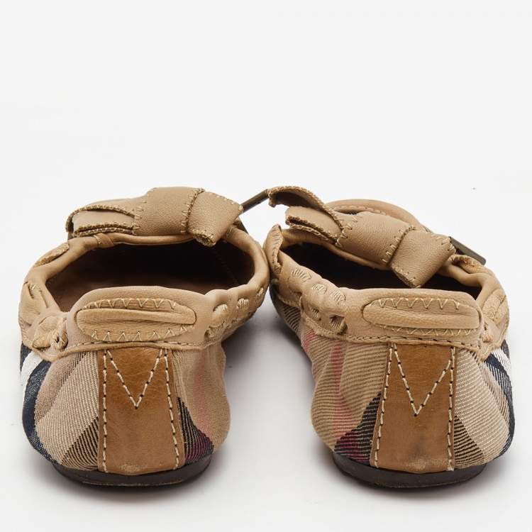 Pre Owned Burberry Tricolor Nova Check Canvas and Leather Bow Ballet Flats Size 37