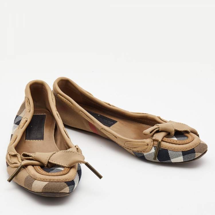 Pre Owned Burberry Tricolor Nova Check Canvas and Leather Bow Ballet Flats Size 37
