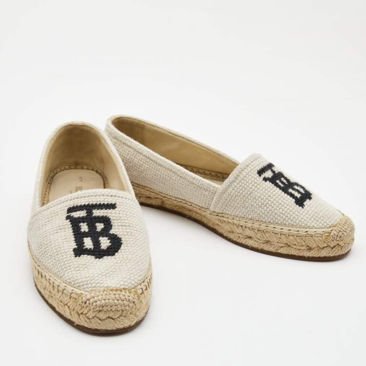 Pre Owned Burberry Off-White Cream Woven Fabric Tabitha Espadrille Flats Size 36.5