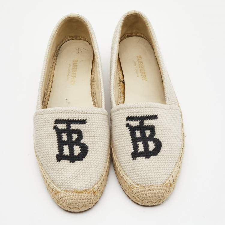 Pre Owned Burberry Off-White Cream Woven Fabric Tabitha Espadrille Flats Size 36.5
