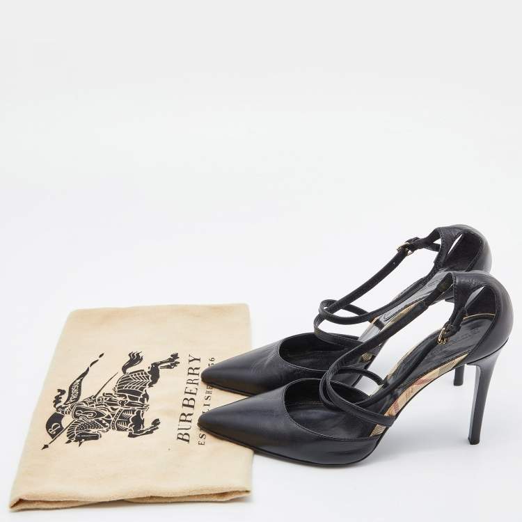 Pre Owned Burberry Black Leather Pointed Toe Ankle Strap Pumps Size 40