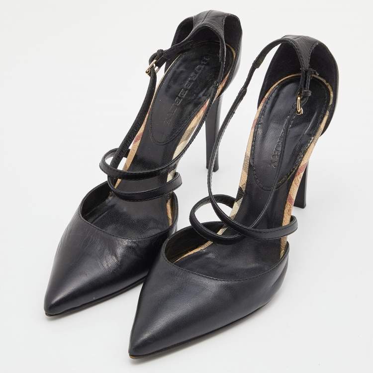 Pre Owned Burberry Black Leather Pointed Toe Ankle Strap Pumps Size 40