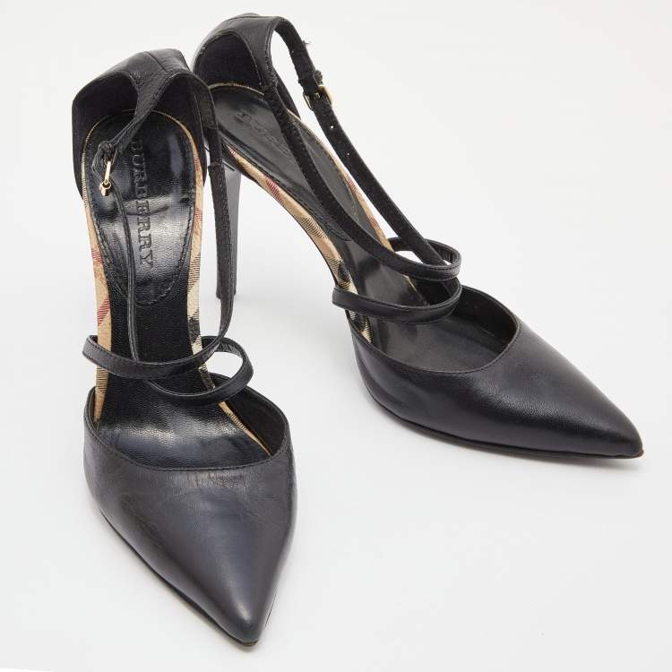 Pre Owned Burberry Black Leather Pointed Toe Ankle Strap Pumps Size 40