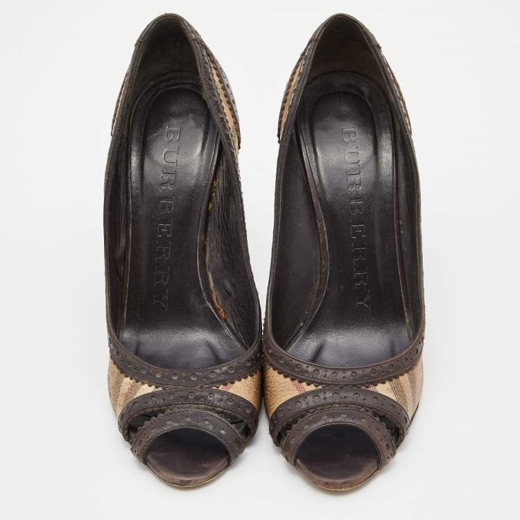 Pre Owned Burberry Beige/Brown Haymarket Check Canvas and Brogue Leather Peep Toe Pumps Size 39