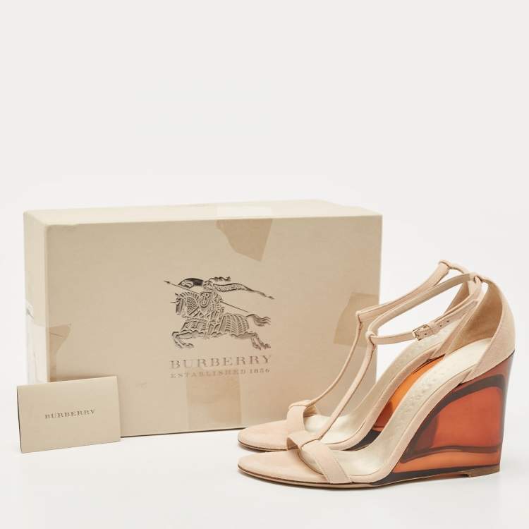 Pre Owned Burberry Blush Pink Suede Leyburn Lucite Wedge Sandals Size 38