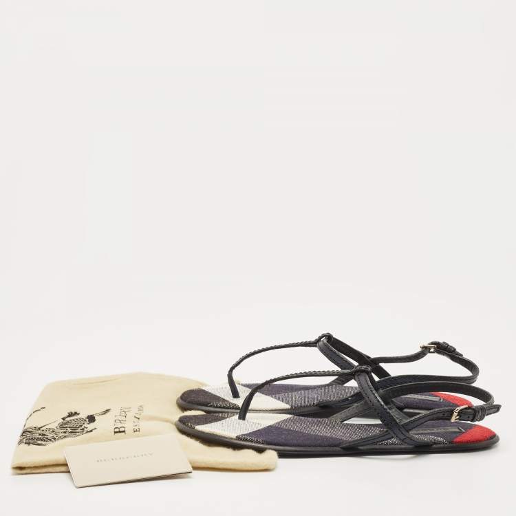 Pre Owned Burberry Blue/Black Leather and Check Canvas Thong Ankle Strap Flat Sandals Size 41
