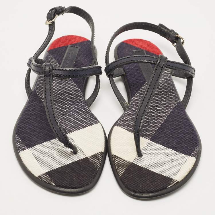 Pre Owned Burberry Blue/Black Leather and Check Canvas Thong Ankle Strap Flat Sandals Size 41